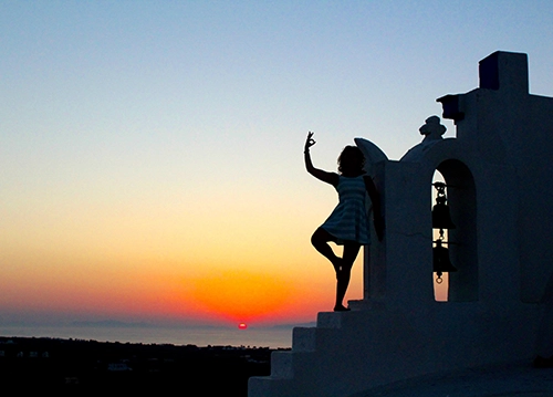 santorini yoga holiday sunset pose