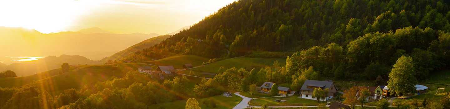 aerial view of sunset on mountains in slovenia countryside